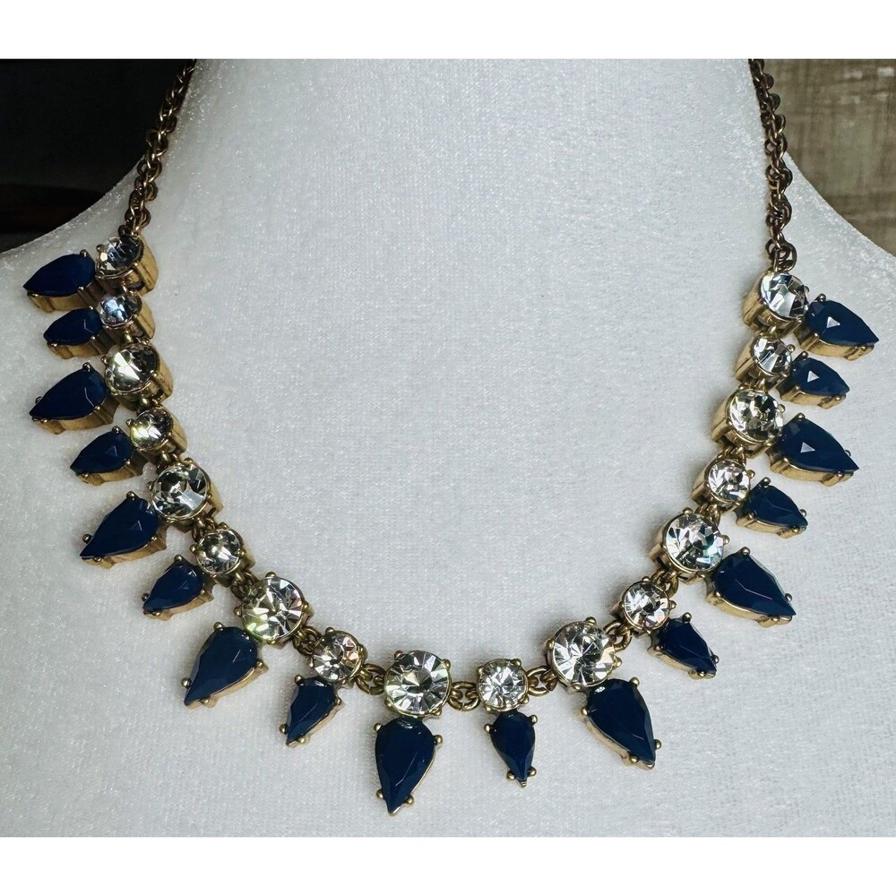 J.Crew Statement Necklace Blue Pear Drops Crystal Gold Tone Adjustable 20”